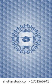 graduation cap icon inside blue emblem with geometric pattern background.