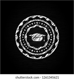 graduation cap icon inside chalkboard emblem