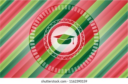 graduation cap icon inside christmas colors style emblem.