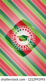 graduation cap icon inside christmas emblem background.
