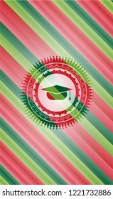 graduation cap icon inside christmas colors style badge.