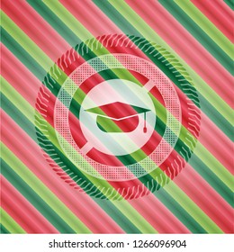 graduation cap icon inside christmas colors style emblem.