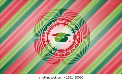 graduation cap icon inside christmas emblem.
