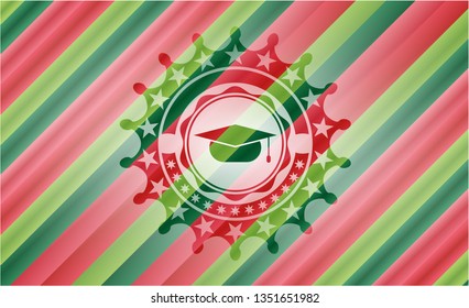 graduation cap icon inside christmas colors style emblem.