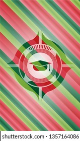 graduation cap icon inside christmas emblem background.