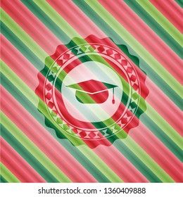 graduation cap icon inside christmas colors badge.