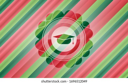 graduation cap icon inside christmas colors style emblem.