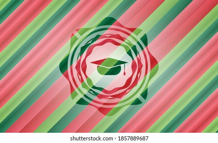 graduation cap icon inside christmas colors emblem. 
