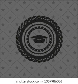 graduation cap icon inside dark emblem. Retro