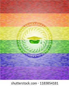 graduation cap icon inside emblem on mosaic background with the colors of the LGBT flag