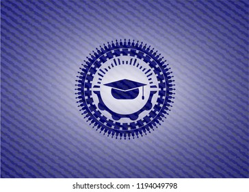 graduation cap icon inside emblem with jean background