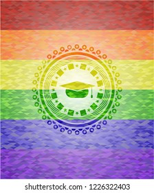 graduation cap icon inside emblem on mosaic background with the colors of the LGBT flag