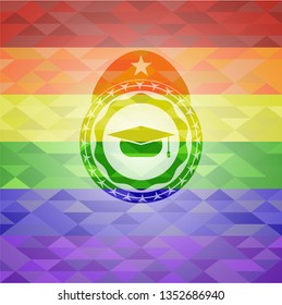 graduation cap icon inside emblem on mosaic background with the colors of the LGBT flag