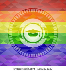 graduation cap icon inside emblem on mosaic background with the colors of the LGBT flag