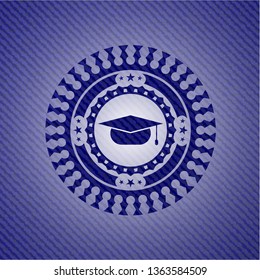 graduation cap icon inside emblem with jean texture