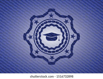 graduation cap icon inside emblem with jean texture