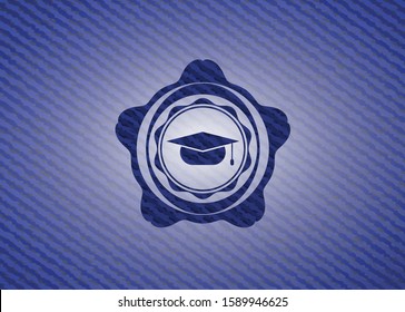 graduation cap icon inside emblem with jean texture