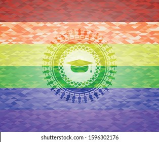 graduation cap icon inside emblem on mosaic background with the colors of the LGBT flag
