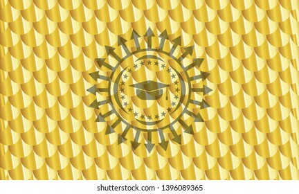 graduation cap icon inside gold emblem or badge. Scales pattern. Vector Illustration. Detailed.