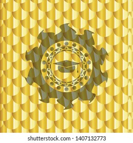 graduation cap icon inside gold emblem or badge. Scales pattern. Vector Illustration. Detailed.