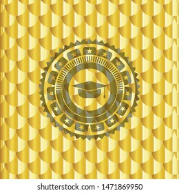 graduation cap icon inside gold badge or emblem. Scales pattern. Vector Illustration. Detailed.