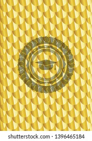 graduation cap icon inside golden badge or emblem. Scales pattern. Vector Illustration. Detailed.