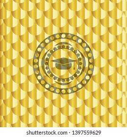 graduation cap icon inside golden emblem or badge. Scales pattern. Vector Illustration. Detailed.