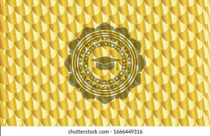 graduation cap icon inside golden badge. Scales pattern. Vector Illustration. Detailed.