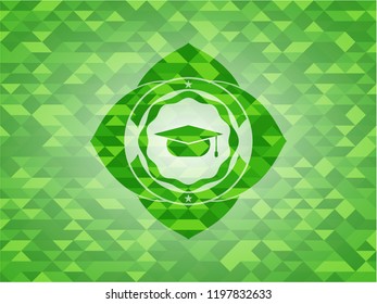 graduation cap icon inside green emblem with mosaic background