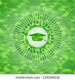 graduation cap icon inside green emblem with triangle mosaic background