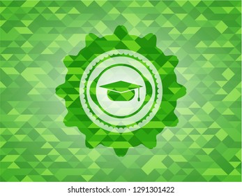 graduation cap icon inside green emblem with mosaic background