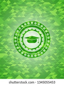 graduation cap icon inside green emblem with triangle mosaic background