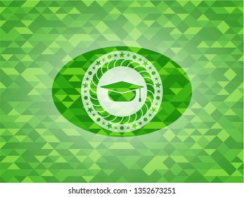 graduation cap icon inside green emblem with mosaic background