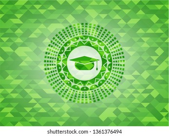 graduation cap icon inside green emblem with triangle mosaic background