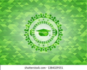 graduation cap icon inside green emblem. Mosaic background