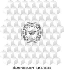 graduation cap icon inside grey emblem with geometric cube white background