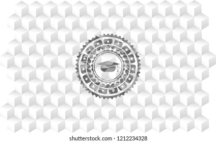 graduation cap icon inside grey emblem. Retro with geometric cube white background