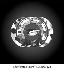 graduation cap icon inside grey camo emblem