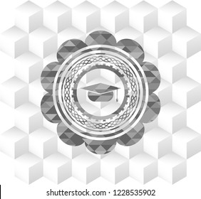 graduation cap icon inside grey badge with geometric cube white background