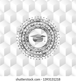 graduation cap icon inside grey badge with geometric cube white background