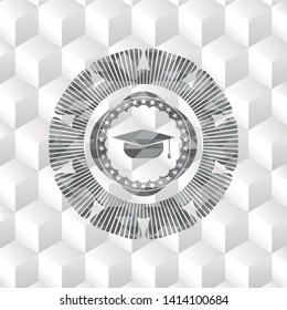 graduation cap icon inside grey icon or emblem with geometric cube white background