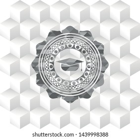graduation cap icon inside grey emblem. Vintage with geometric cube white background