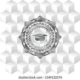 graduation cap icon inside grey emblem with geometric cube white background