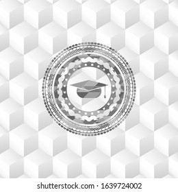 graduation cap icon inside grey icon or emblem with geometric cube white background