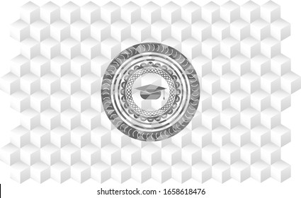 graduation cap icon inside grey icon or emblem with geometric cube white background