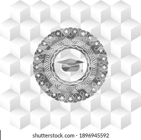 graduation cap icon inside grey badge with geometric cube white background. 