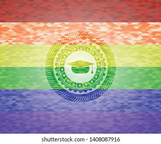 graduation cap icon inside lgbt colors emblem 