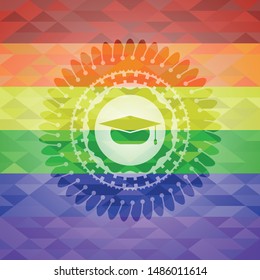 graduation cap icon inside lgbt colors emblem 