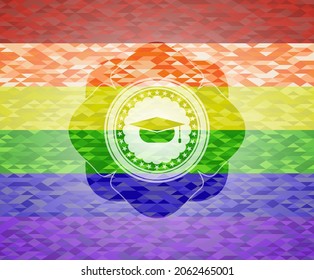 graduation cap icon inside lgbt colors emblem. 