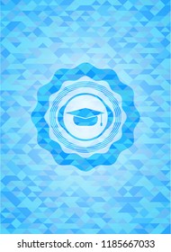 graduation cap icon inside light blue emblem with mosaic background